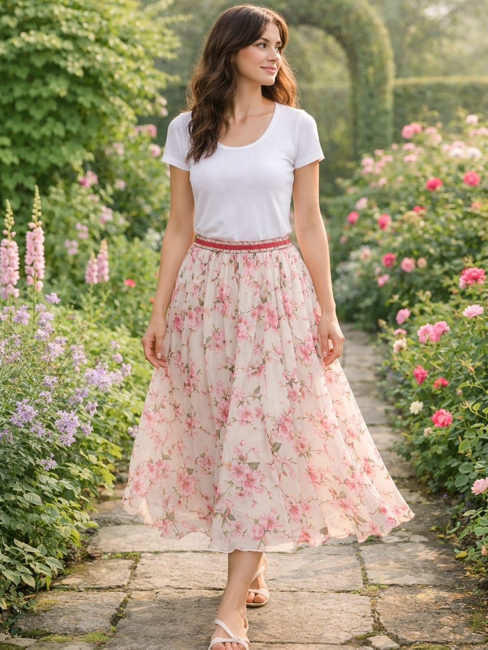 Afibi Cherry Blossom Floral Midi Skirt - Pink